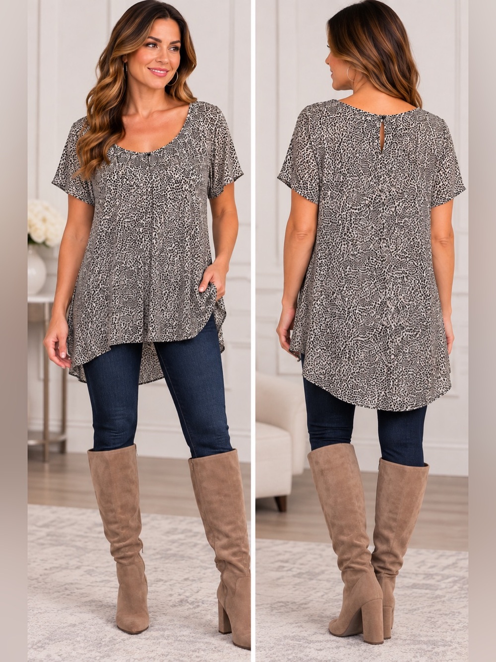 DR2 Grey Animal-Print Scoop Neck Tunic